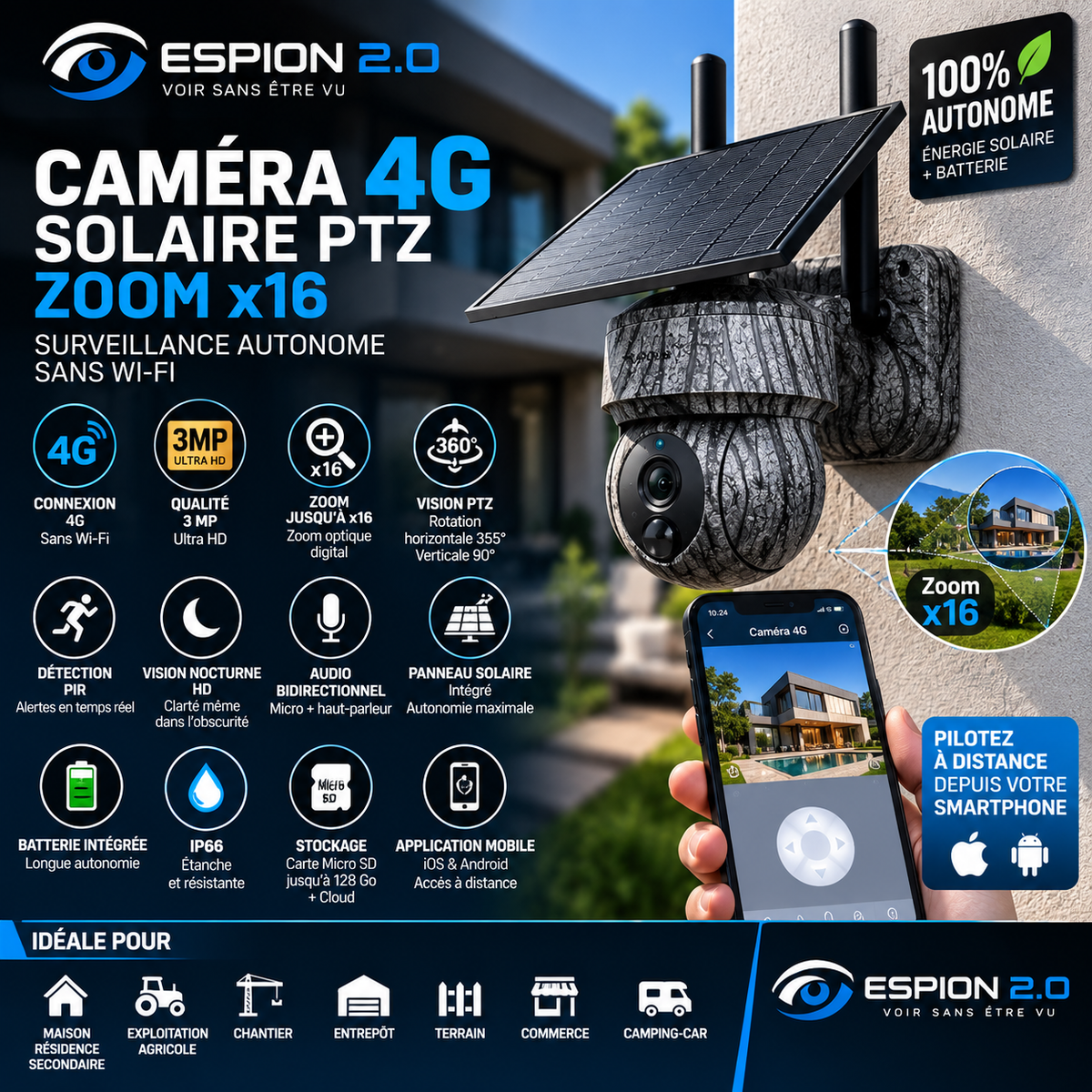 Caméra 4G solaire PTZ zoom x16