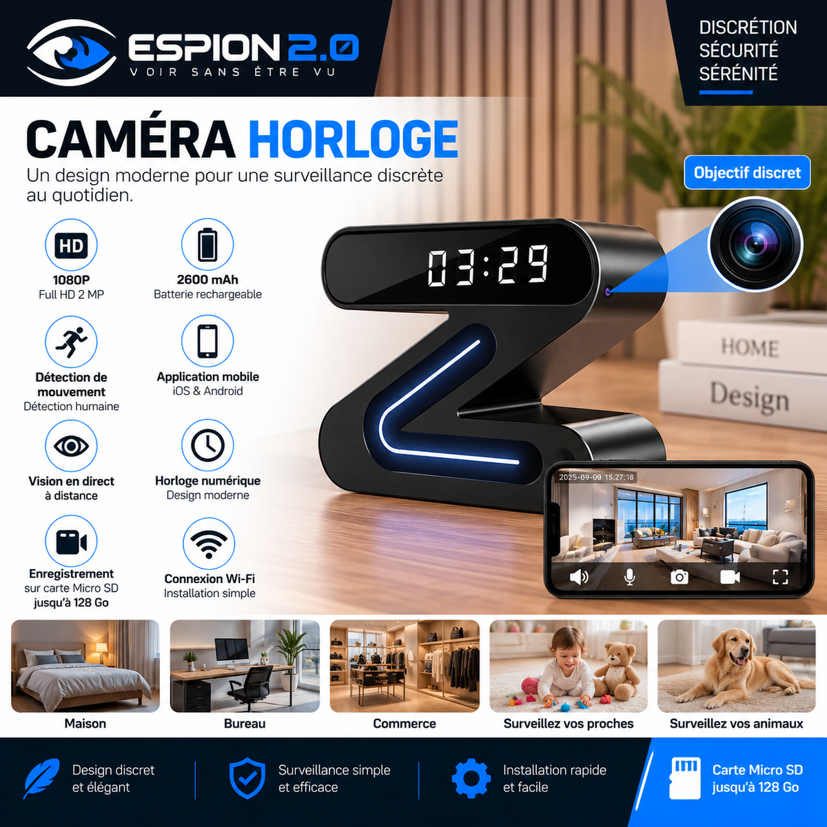 Caméra horloge Full HD discrète