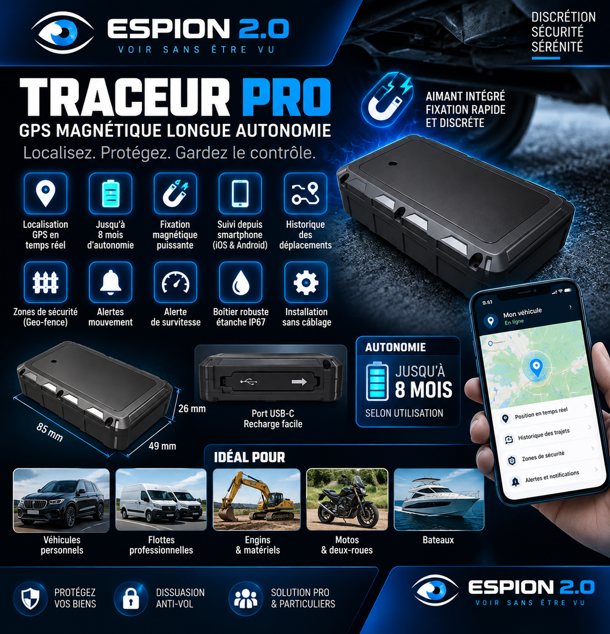 Traceur PRO GPS magnétique longue autonomie