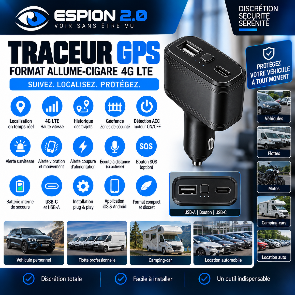 Traceur GPS format allume-cigare 4G LTE