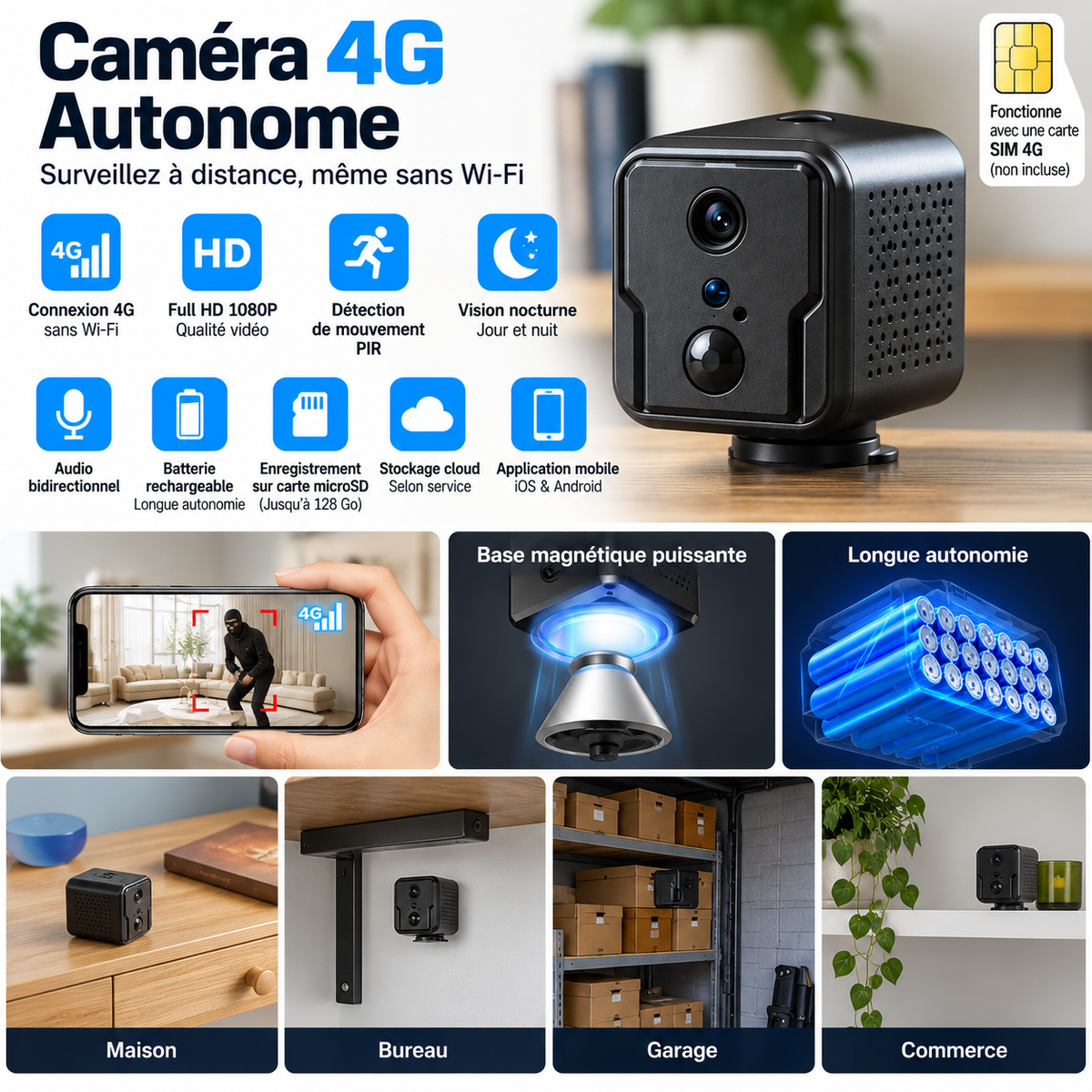 Caméra 4G autonome cube magnétique